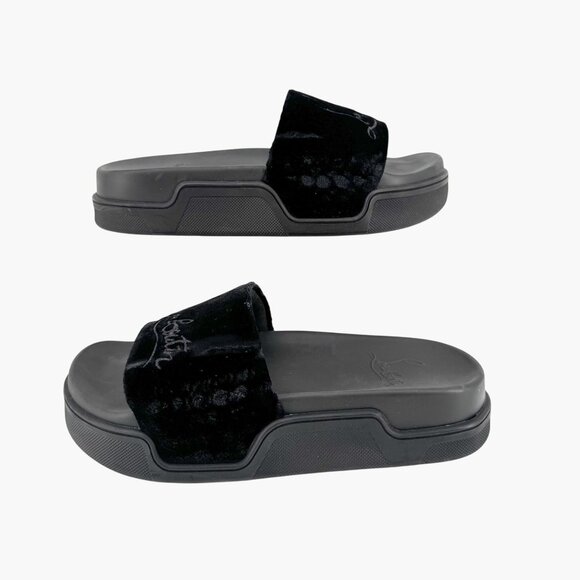 Christian Louboutin 'Navy Pool' Slide Sandals Size 37 US 7 Black Velvet Logo 33 - Picture 8 of 12